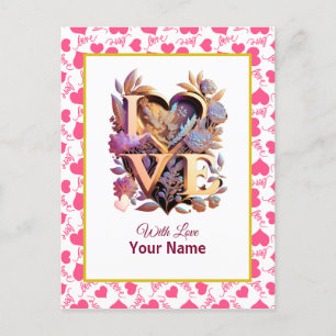 Carte Postale Romantique Floral et Coeur d'or