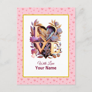 Carte Postale Romantique Floral et Coeur d'or