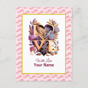 Carte Postale Romantique Floral et Coeur d'or