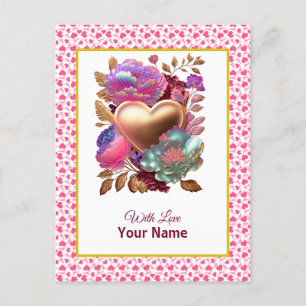 Carte Postale Romantique Floral et Coeur d'or