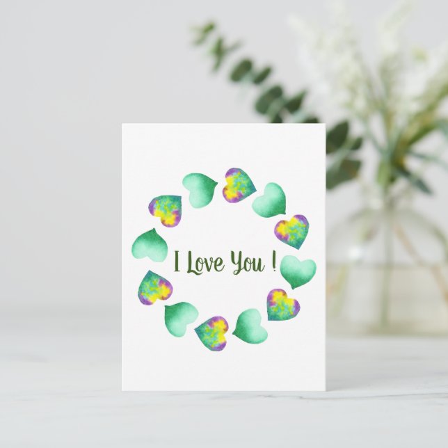Carte Postale Romantique Mignon Aquarelle Vert Saint-Valentin   (Debout devant)