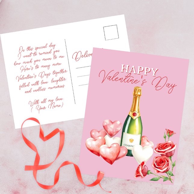 Carte Postale Romantique Saint Valentin Champagne Roses & Coeurs (Créateur téléchargé)