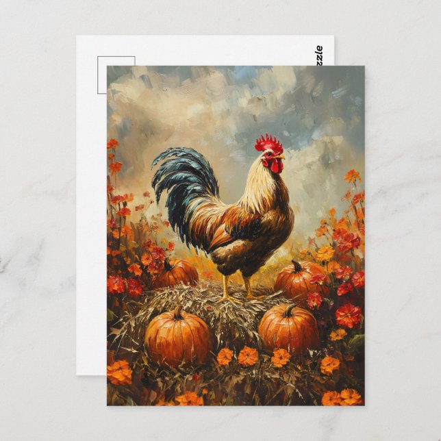 Carte Postale Rooster d'automne avec Citrouille (Devant / Derrière)