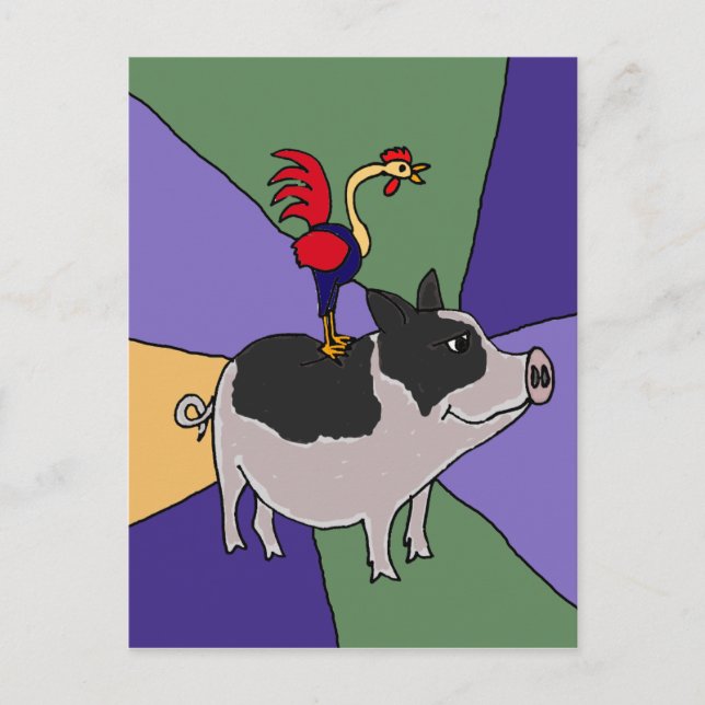Carte Postale Rooster sur Cochon Colorful Folart (Devant)
