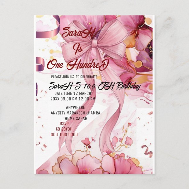 Carte Postale rose 100e anniversaire Cadeau moderne rose  (Devant)