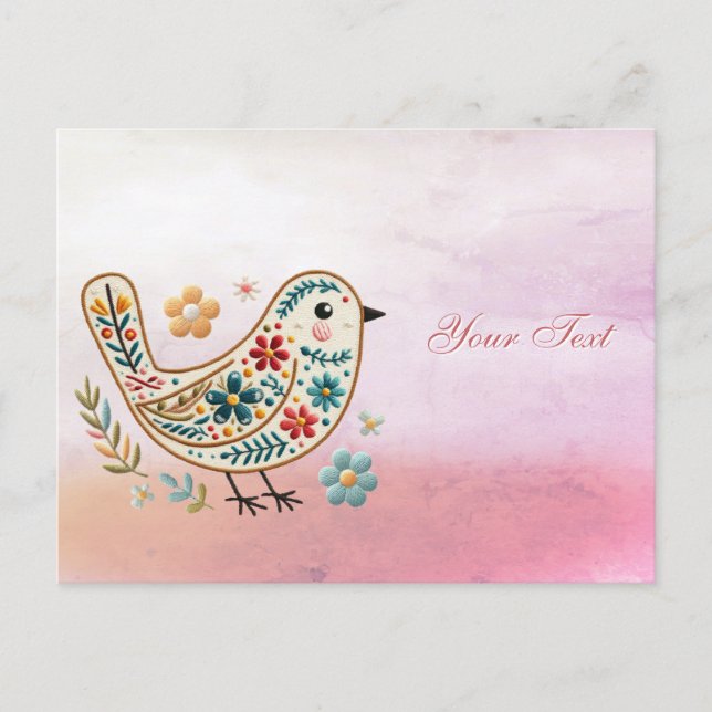Carte postale rose à broderie florale de petit ois (Devant)