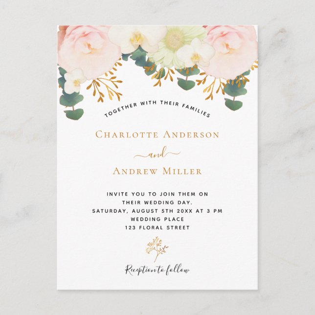 Carte Postale Rose blanc floral or vert mariage (Devant)