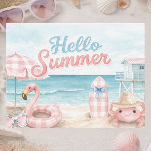 Carte Postale Rose Bleu Gingham Bonjour Été Plage Côtière