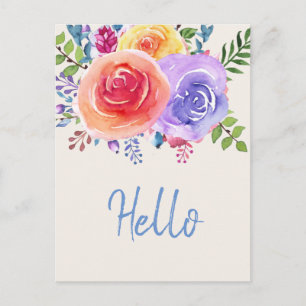 Carte Postale Rose coloré aquarelle Floral Bonjour