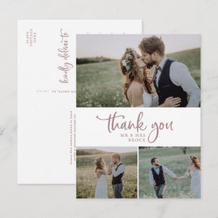 Carte Postale Rose Dorée Rustique Collage de 3 Photos Mariage Re