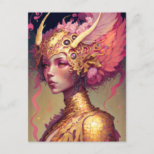 Carte Postale Rose Dragon femme Imaginaire Art