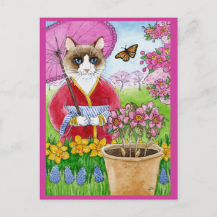Carte postale rose du jardin de printemps du chat 