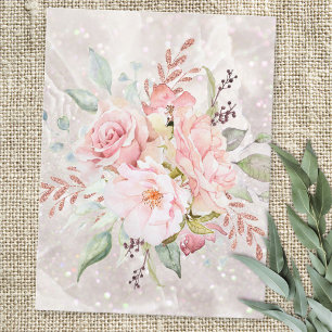 Carte Postale Rose et Pivoine Florale Élégante sur Marbre Rose