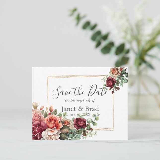 Carte Postale Rose Floral Eucalyptus Mariage Enregistrer la date (Debout devant)