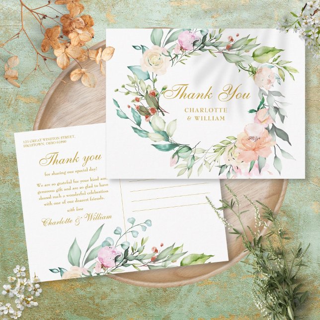 Carte Postale Rose Floral Garland Gold Script Merci (Roses Floral Garland Gold Script Thank You Postcard)