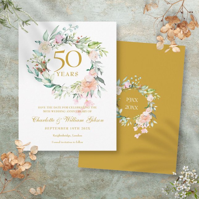 Carte Postale Rose Garland 50e anniversaire Enregistrer la date (Roses Garland 50th Anniversary Save the Date Postcard)