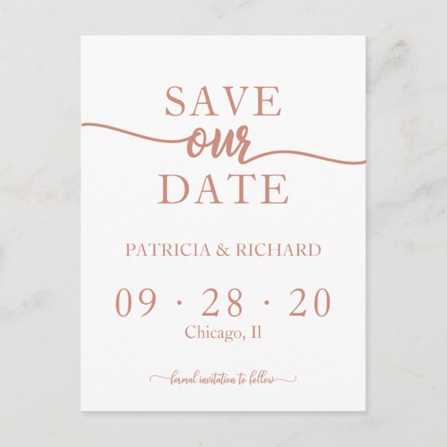 Carte Postale Rose Gold Calligraphie Mariage Enregistrer La Date (Devant)