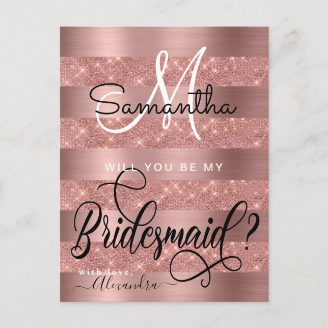 Carte Postale Rose Gold Chic Monogram Bridesmaid Proposition (Devant)