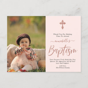 Carte Postale Rose Gold et rose Photo Girl Baptême Merci