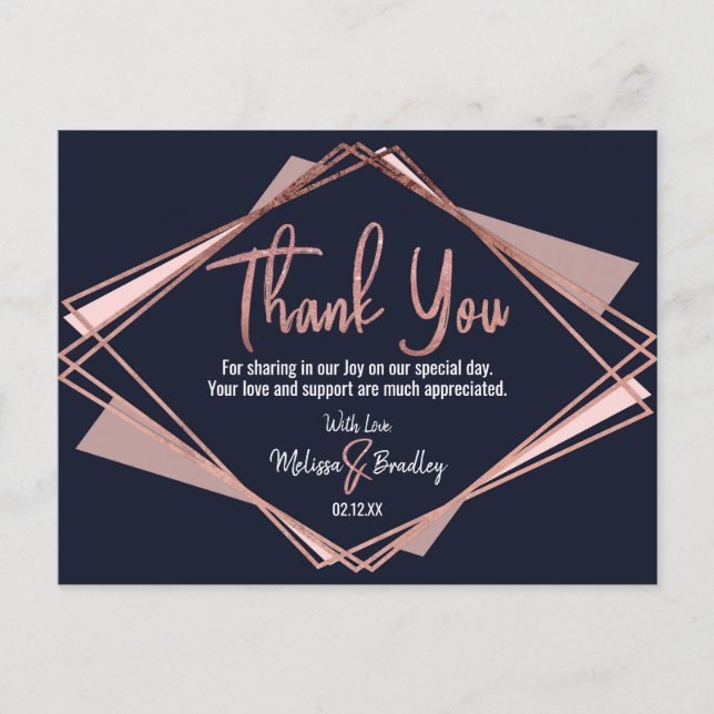 Carte Postale Rose Gold Marine bleu Mauve Merci géométrique (Devant)