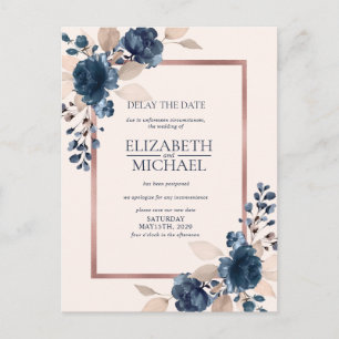 Carte Postale Rose Gold Navy Blue Dusty rose Floral Date