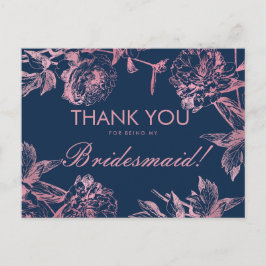 Carte Postale Rose Gold Navy Simple Floral Bridesmaid Merci