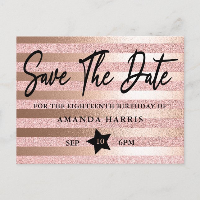 Carte Postale Rose Gold Pailleté 18e Anniversaire Enregistrez La (Devant)