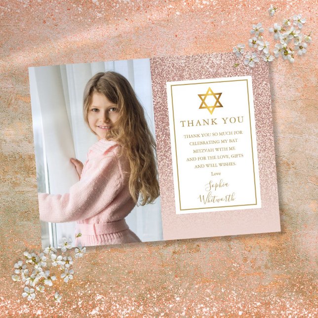 Carte Postale Rose Gold Pailletées Photo de remerciement pour Ba (Bat Mitzvah Rose Gold Glitter Photo Thank You Postcard)