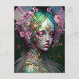 Carte Postale Rose Green Elf Fairy Femme Imaginaire Art