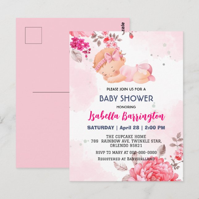 Carte Postale Rose mignonne bébé fille Rose fleurs baby shower e (Devant / Derrière)
