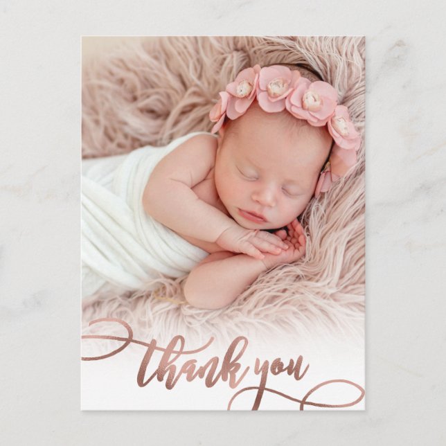 Carte Postale Rose moderne Gold Script Baby Girl Photo Merci (Devant)