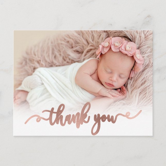 Carte Postale Rose moderne Gold Script Baby Girl Photo Merci (Devant)
