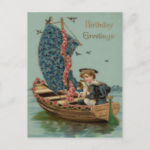Carte Postale Rose Myosotis Voilier Chien Chiot