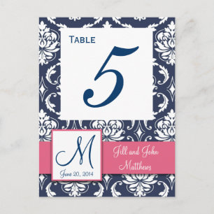 Carte Postale Rose Navy Blue Mariage damassé Numéro de tableau