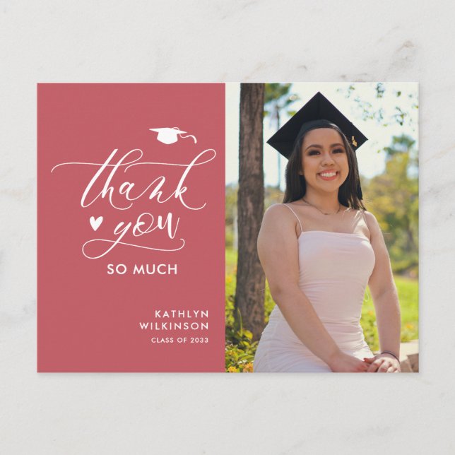 Carte Postale Rose Pink Elegant Script Graduation Merci (Devant)