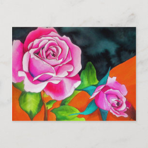 Carte Postale Rose rose avec aquarelle orange
