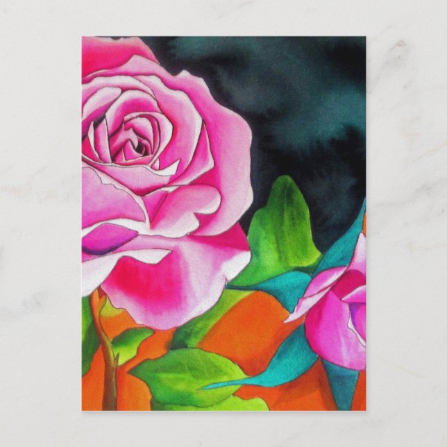 Carte Postale Rose rose avec aquarelle orange (Devant)