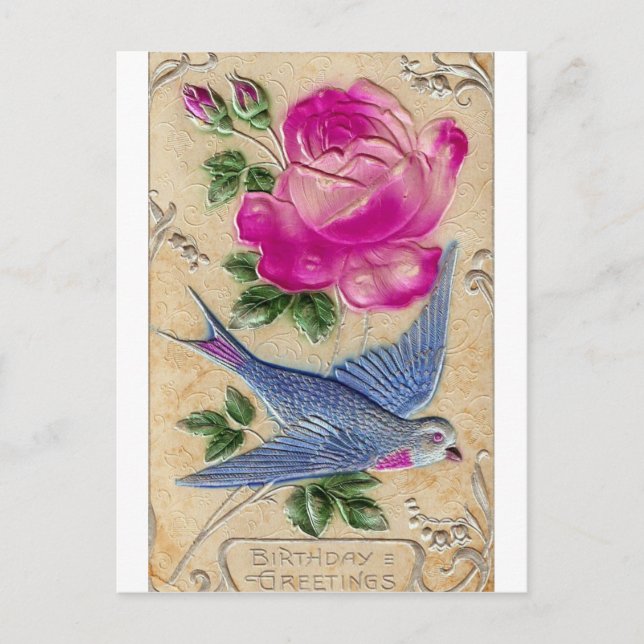Carte Postale Rose rose d'oiseau bleu (Devant)