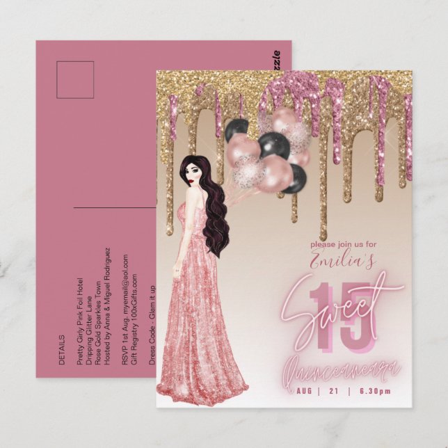 Carte Postale Rose Rose Parties scintillant or Quinceanera Brune (Devant / Derrière)