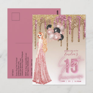 Carte Postale Rose Rose Parties scintillant or Quinceanera Red H