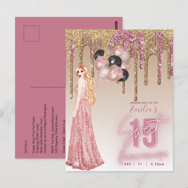 Carte Postale Rose Rose Parties scintillant or Quinceanera Red H (Devant / Derrière)