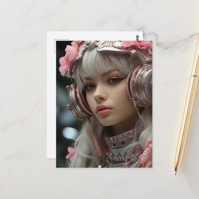 Carte Postale Rose Rose Sci Fi Steampunk Girl (Devant/Arrière en situation)