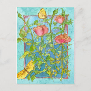 Carte Postale Rose Roses Papillon jaune Jardin Aquarelle Art