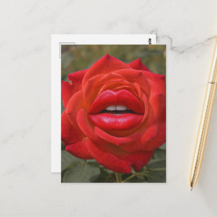Carte Postale Rose rouge avec collage de lèvres