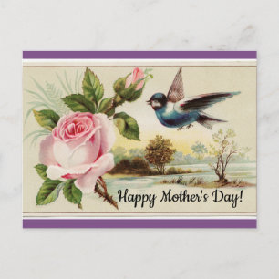 Carte Postale Rose vintage Et Oiseau