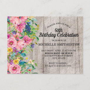 Carte Postale Roseau Rose Bleu Aquarelle Florale 50e Anniversair