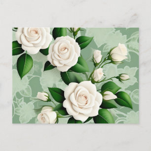Carte Postale Roses Blanches Élégantes Sur Vert