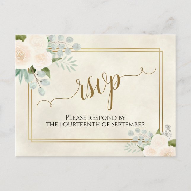 Carte Postale Roses blanches et Eucalyptus Gold Wedding RSVP (Devant)