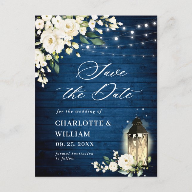 Carte Postale Roses blanches Mariage en bois bleu Enregistrer la (Devant)