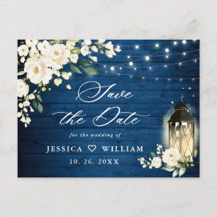 Carte Postale Roses blanches Mariage en bois bleu Enregistrer la
